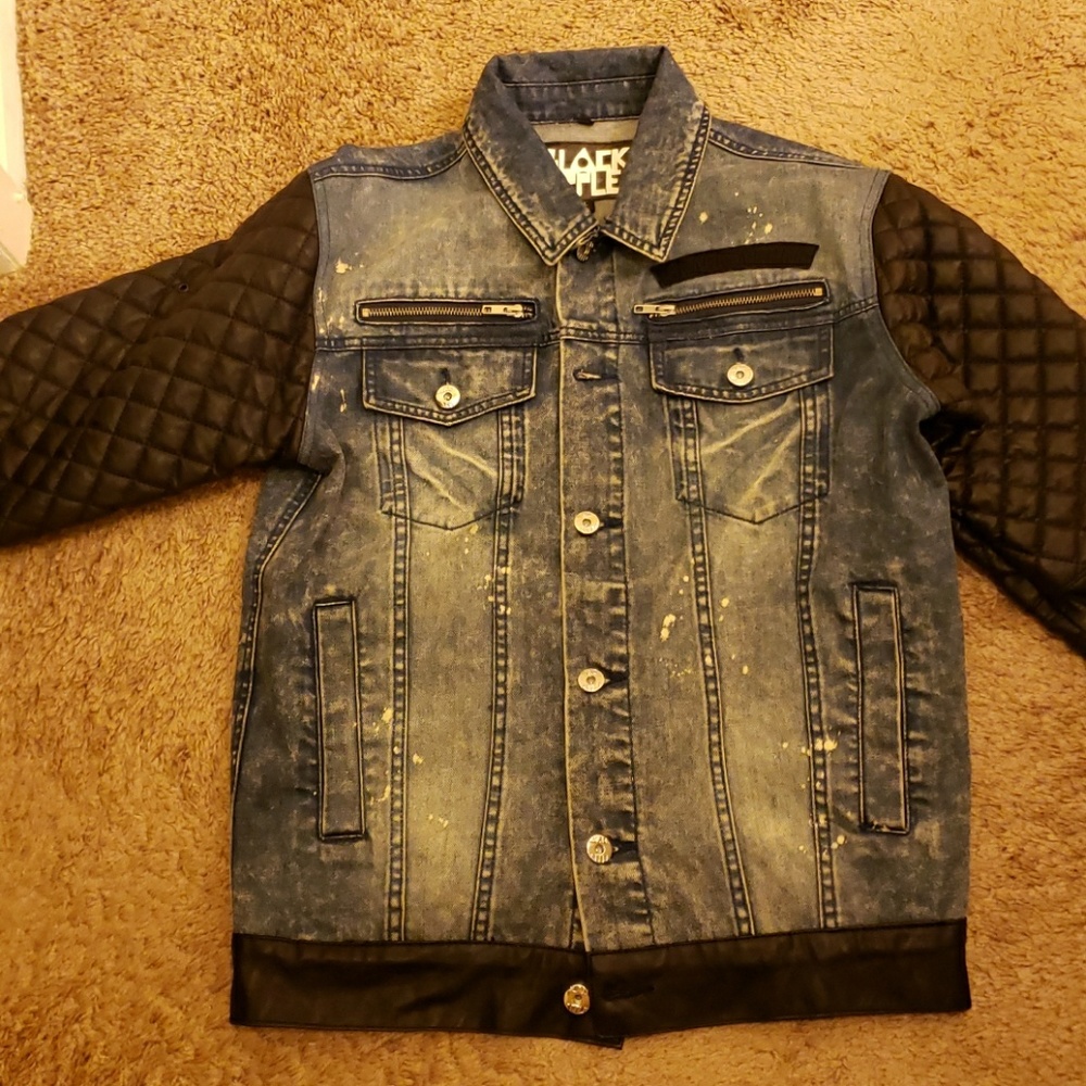 Black apples men's Acid wash denim jacket.faux sl,